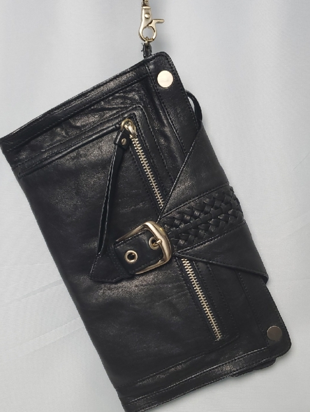 Junior Drake Black Leather Wristlet Clutch with Gold Hardware